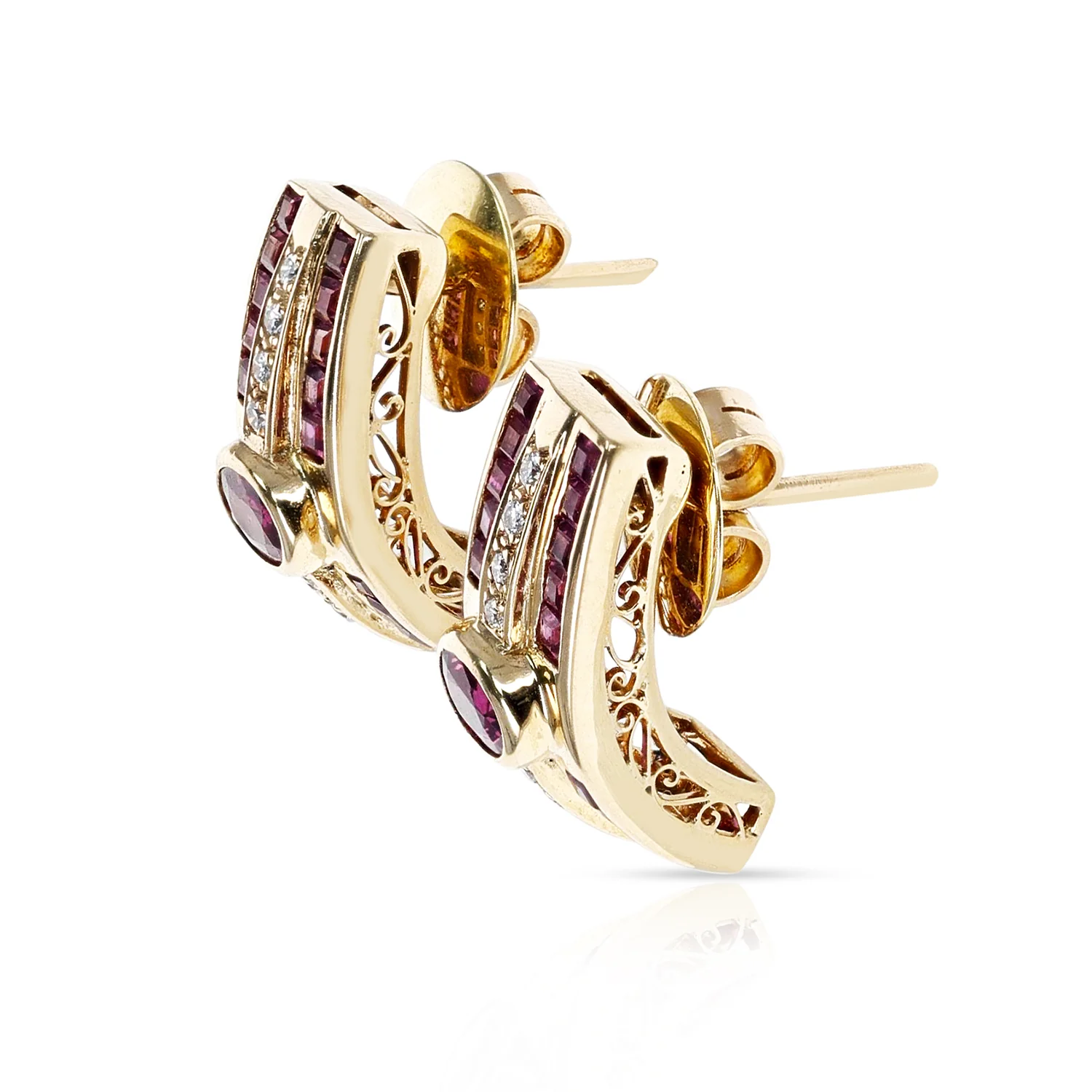 Oval Ruby and Invisibly Set Square Ruby and Round Diamond Earrings, 18K Gold