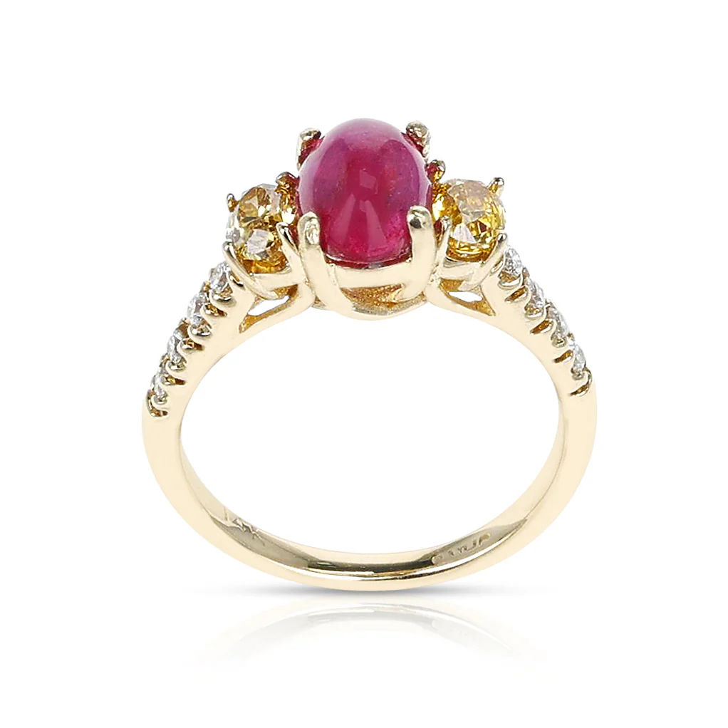 1.99 ct. Ruby Cabochon and 0.45 cts. Yellow Diamond Ring, 14K