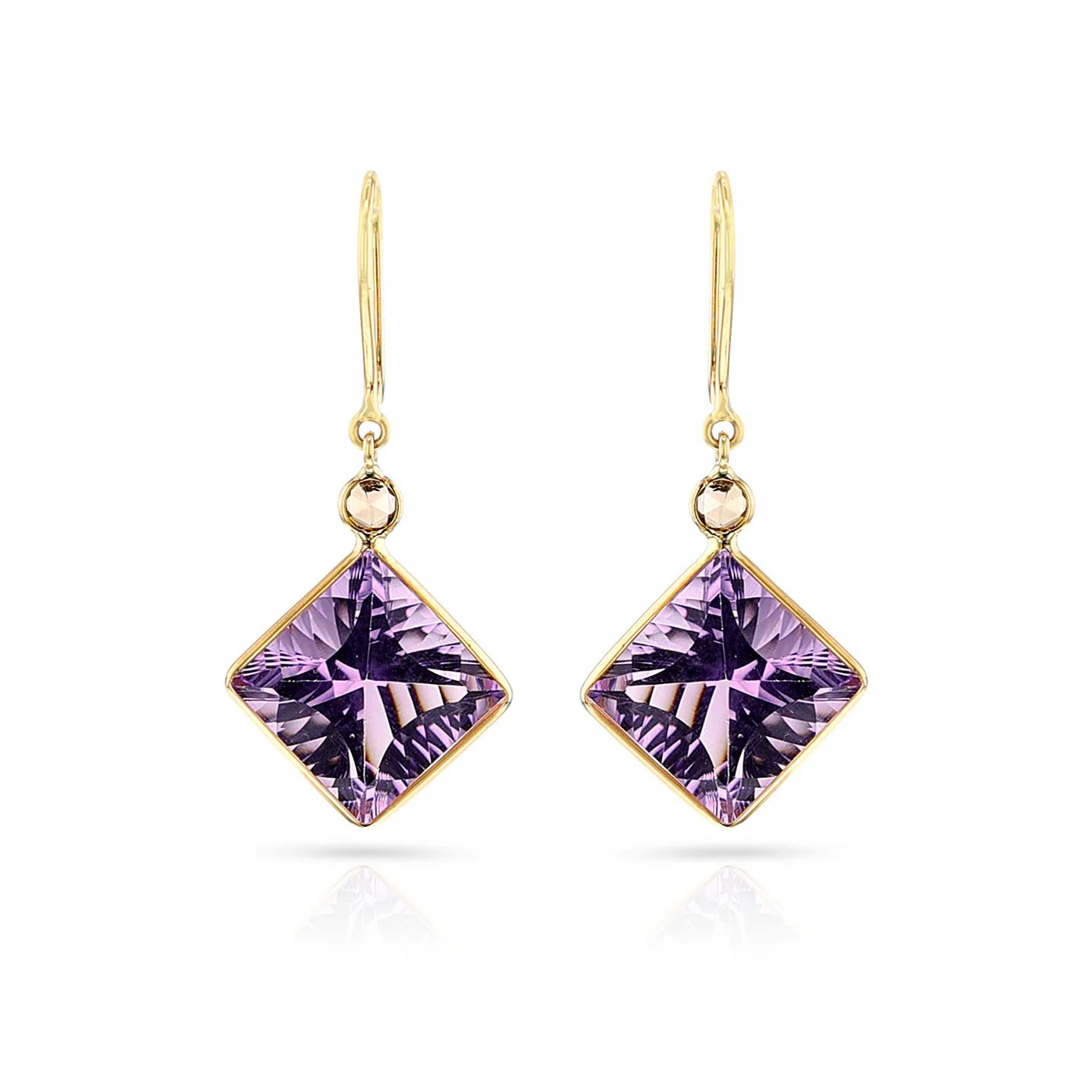 Kite Shape Amethyst and Diamond Rose Cut Hoop Dangling Earrings, 18k