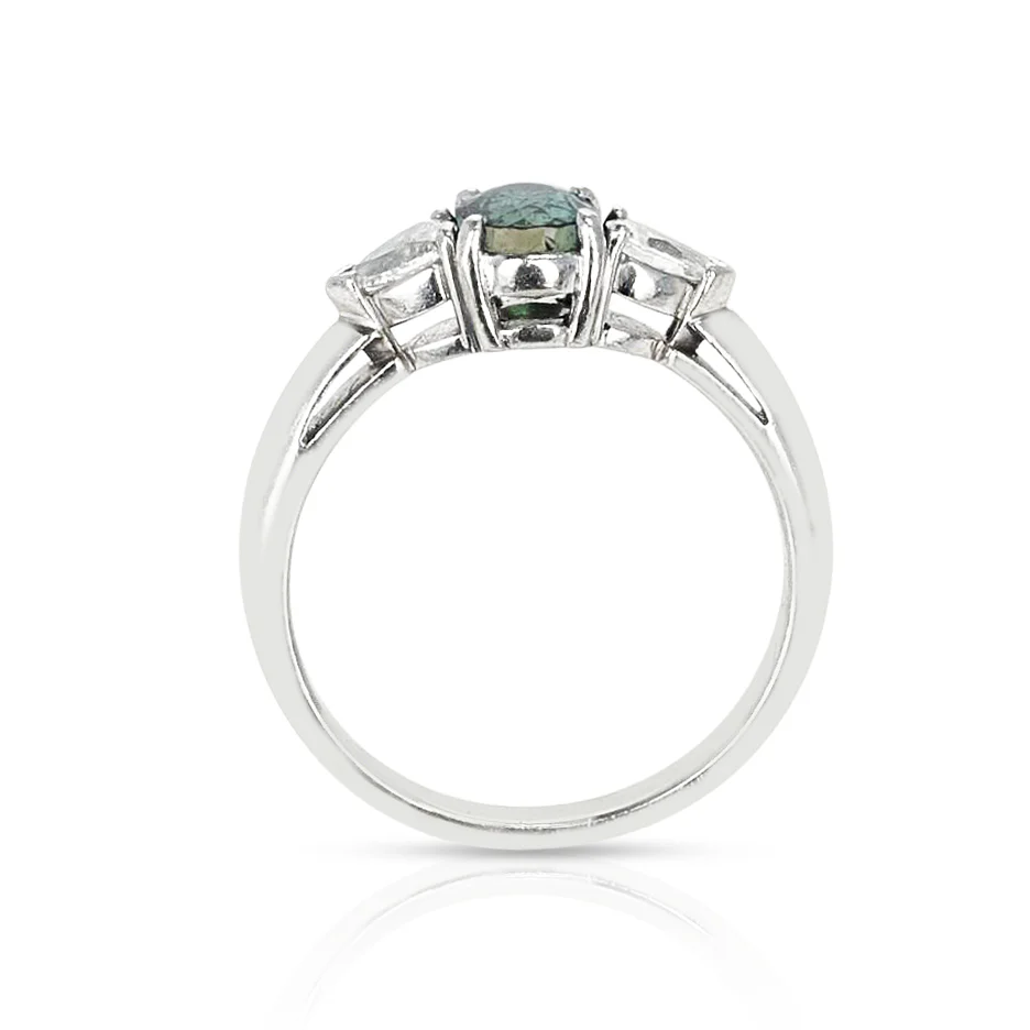 0.88 ct. Oval Alexandrite with 0.50 ct. Pear Shape Diamond Three Stone Ring, PT