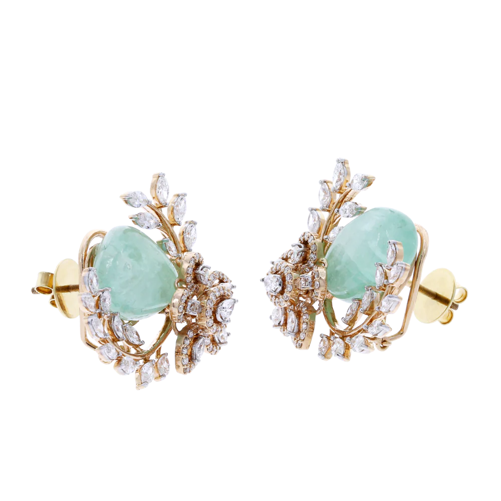 Emerald and Diamond Floral and Leaf Earrings, 18K Gold