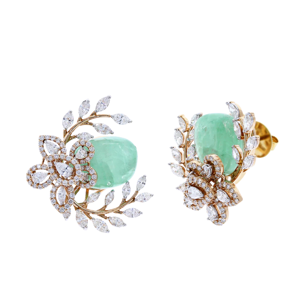 Emerald and Diamond Floral and Leaf Earrings, 18K Gold