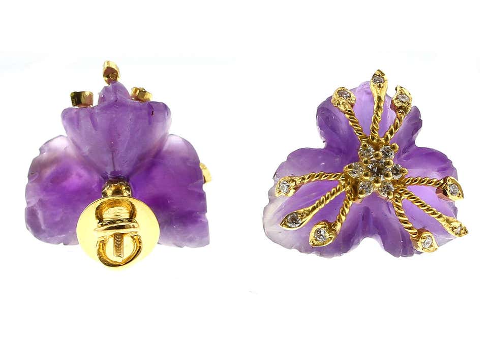 Carved Amethyst Earrings with Diamonds