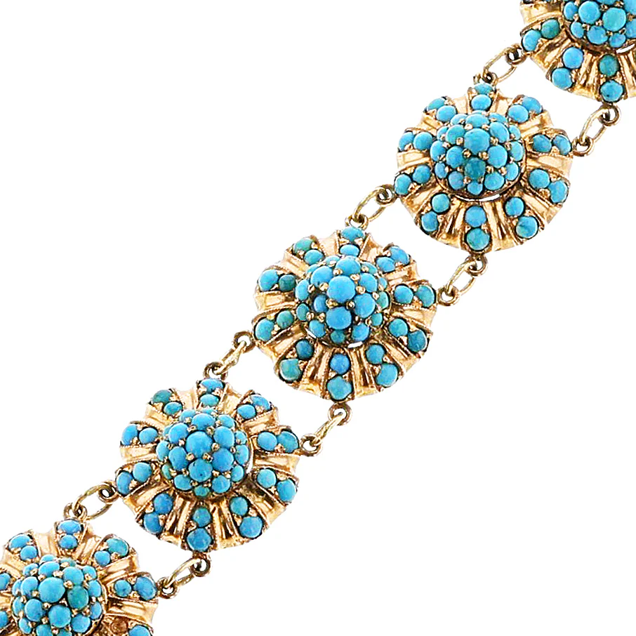 Antique Turquoise Flower Bracelet, 14k