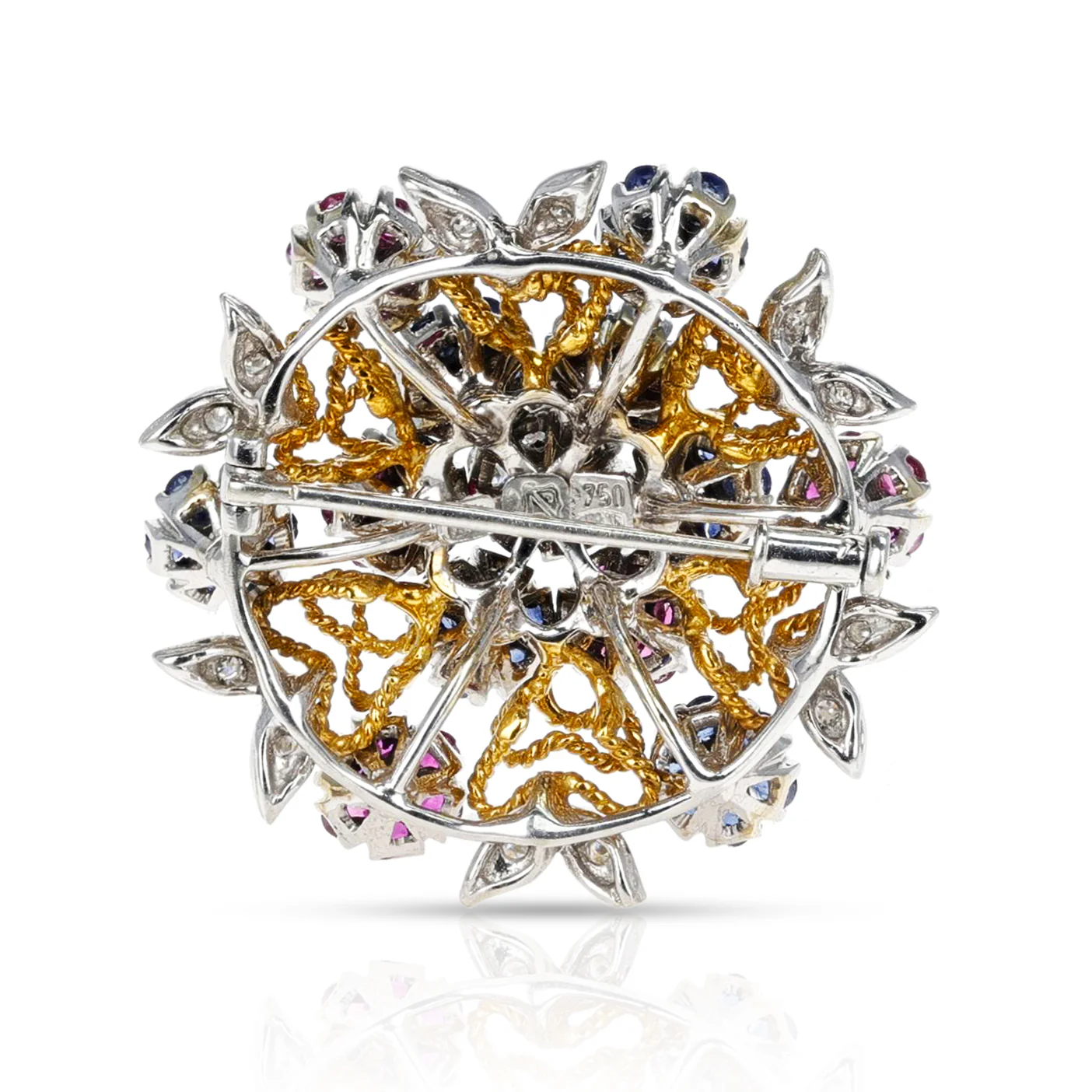 Floral Ruby, Sapphire and Diamond Brooch in 18K Yellow and White Gold