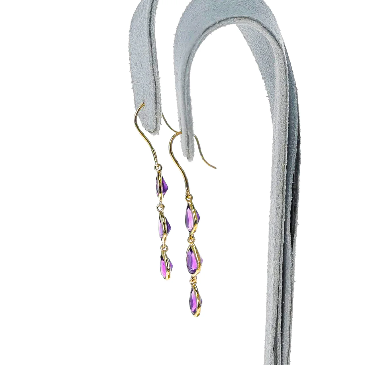 Three Stone Pear Amethyst Dangling Earrings