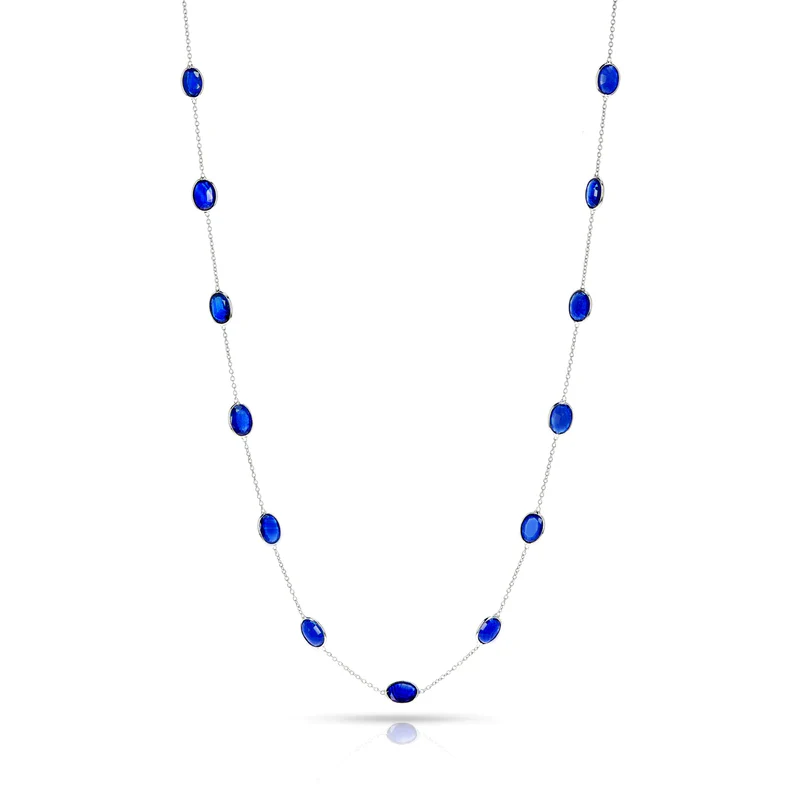 Oval Shape Blue Sapphire Necklace, 18 Karat Gold