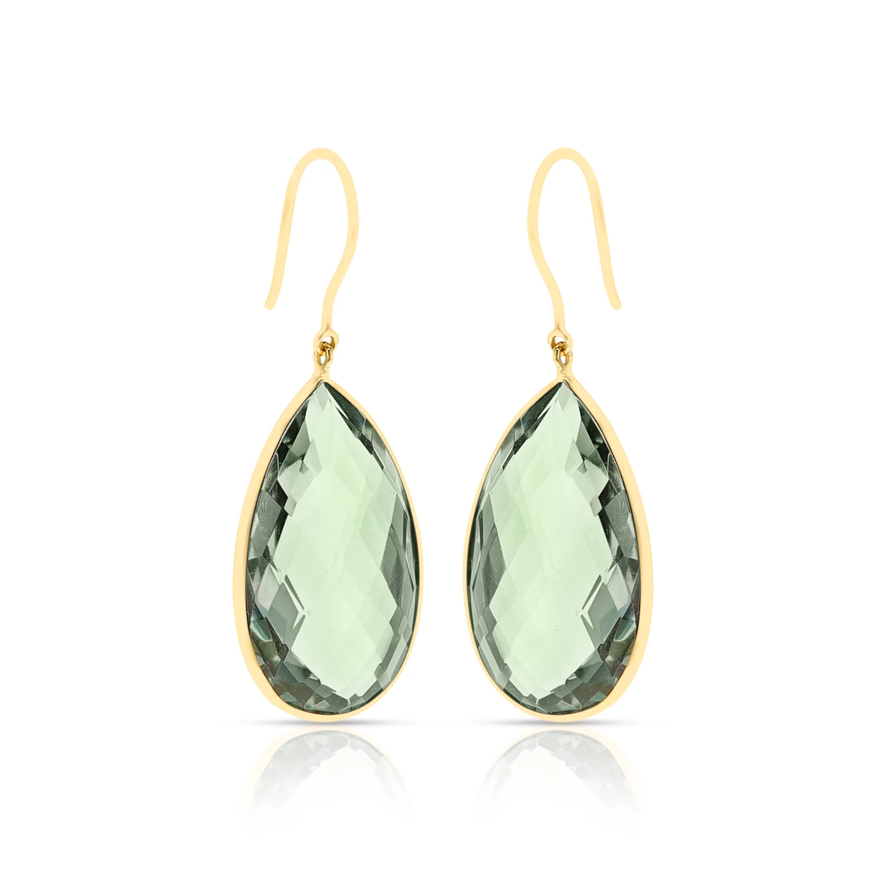 Green Amethyst Pear Shape Dangling Earrings made in 18 Karat Yellow Gold.