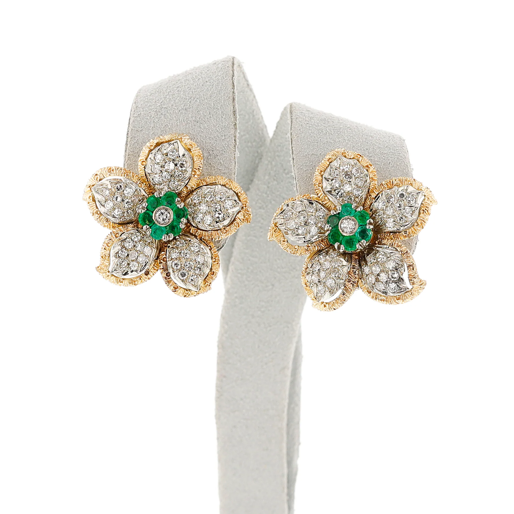 Floral Diamond and Emerald Earring, Ring, Pendant Set, 18k