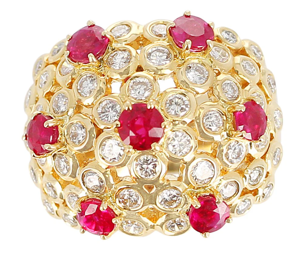 Ruby and Diamond Cocktail Cluster Ring, 18K Yellow Gold