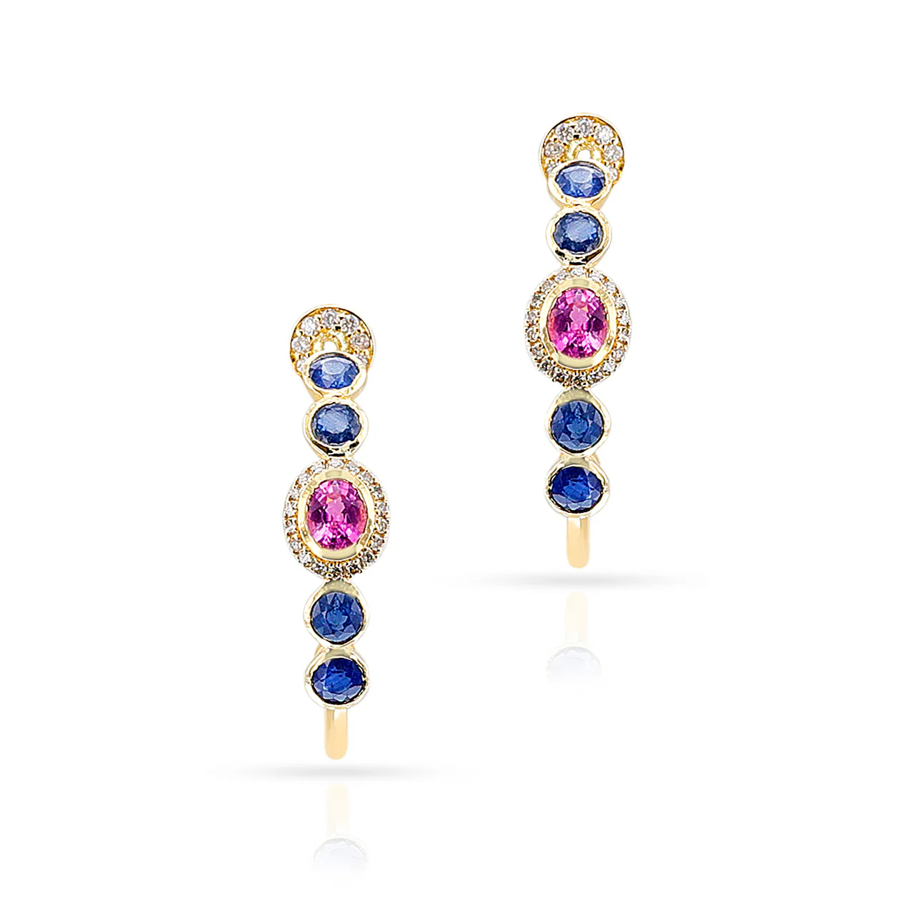 Blue Sapphire, Pink Sapphire and Diamond Hoop Earrings, 18k