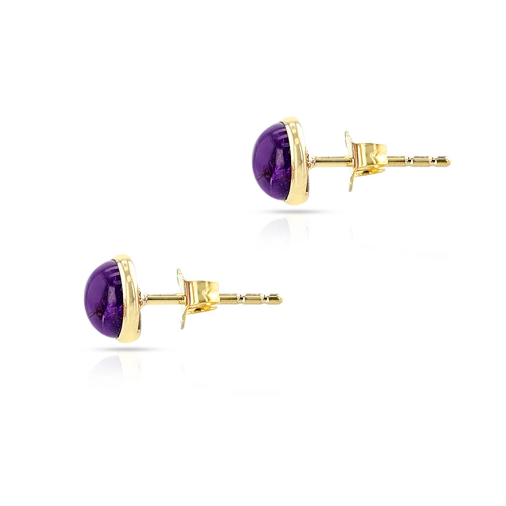 Amethyst Round Cabochon Studs, 14K