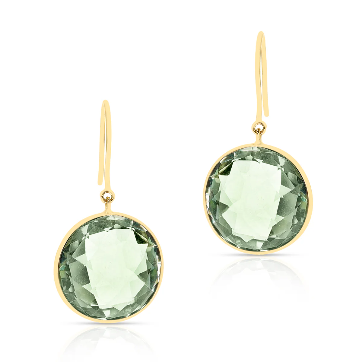 Green Amethyst Round Shape Dangling Earrings made in 18 Karat Yellow Gold.