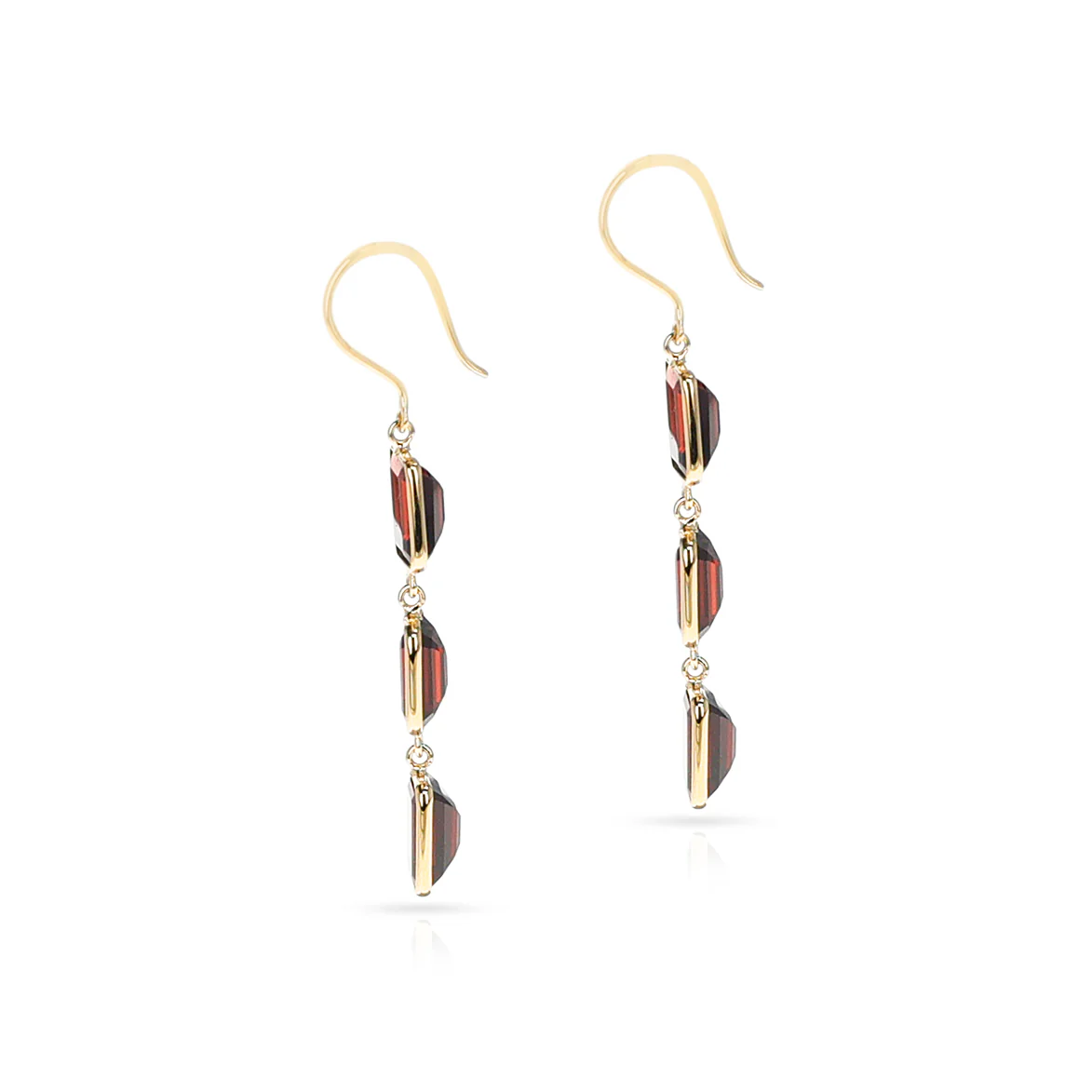 Rectangular Garnet Three Stone Dangling Earrings, 18K