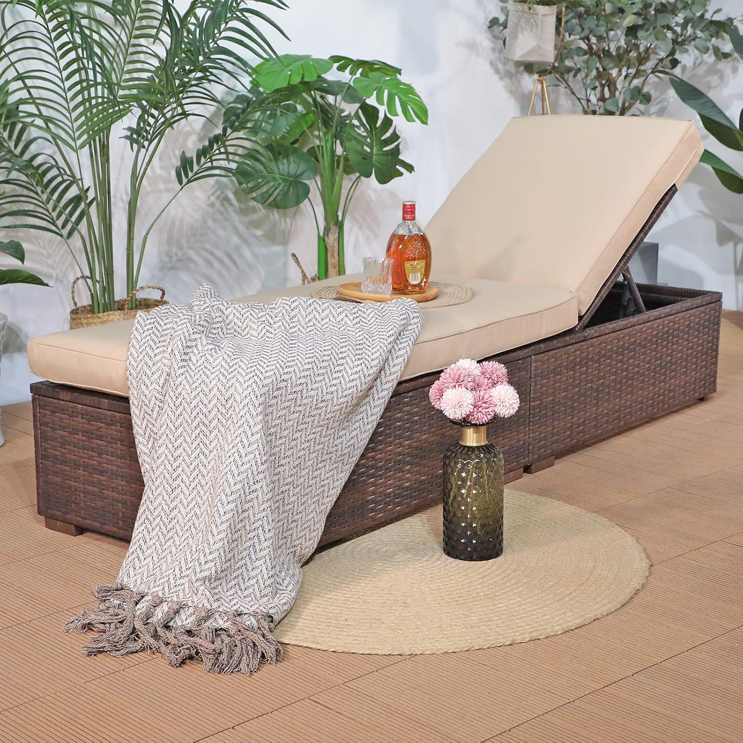 Patiorama Outdoor Patio Lounge Chair, Elegant Reclining Adjustable Pool Rattan Chaise Chair with Beige Cushion, Brown PE Wicker, Steel Frame, Set of 2