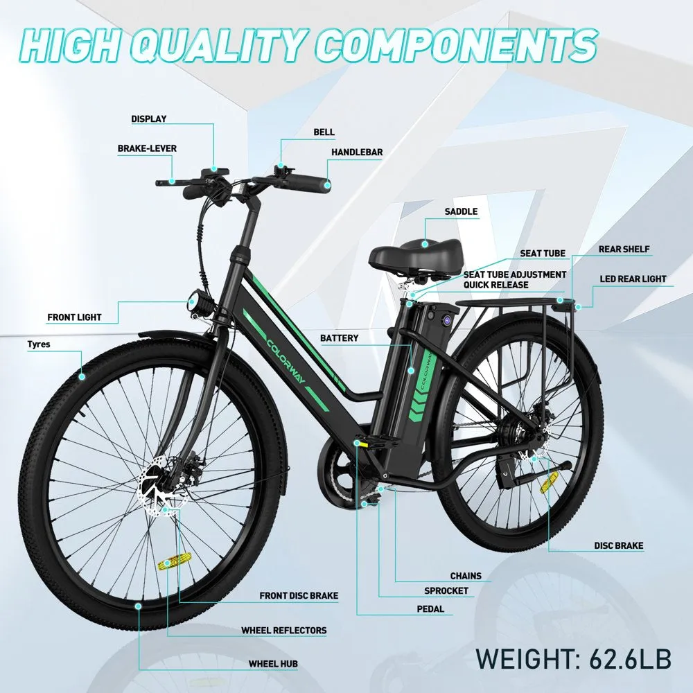 COLORWAY BK8 Women’s 26′′ Electric Bike, 500W Motor, 36V 12Ah Battery, Steel Frame, Disc Brakes
