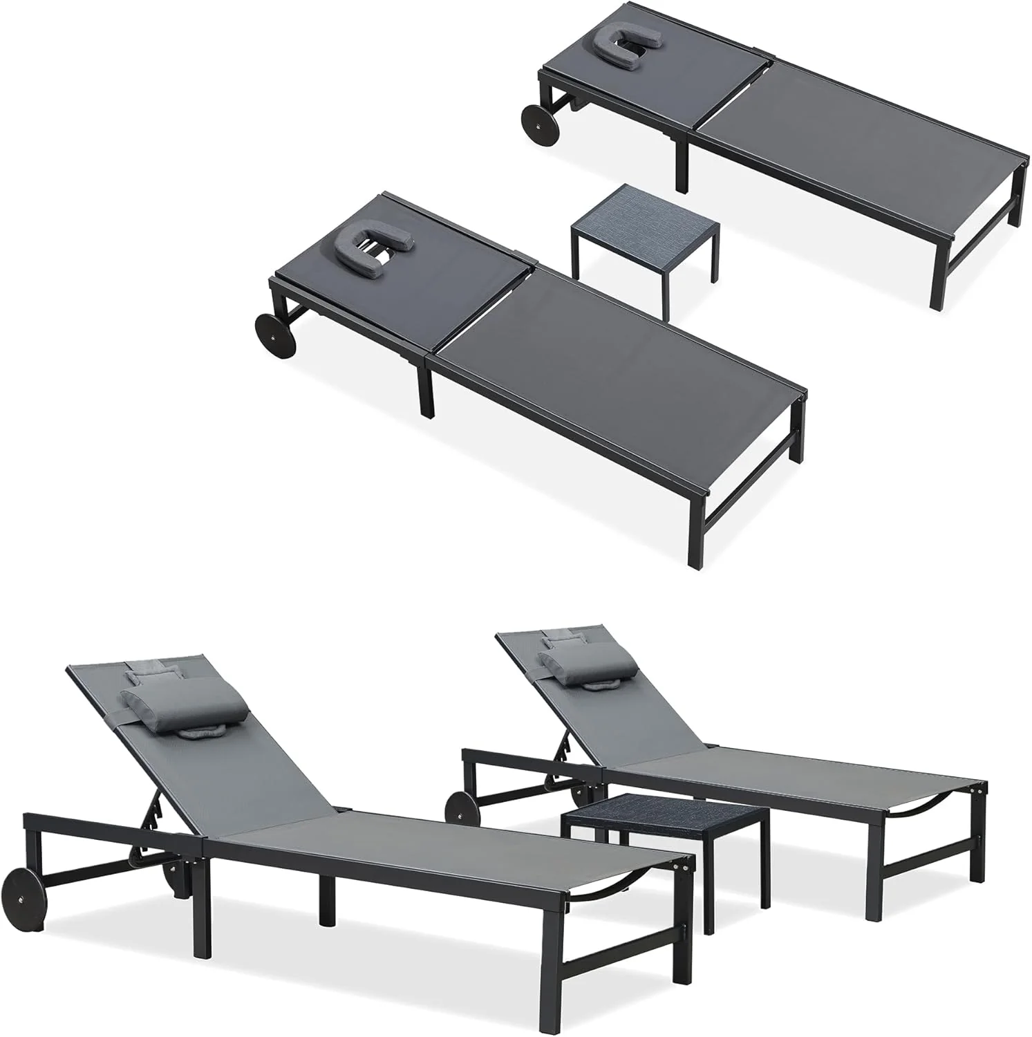 PURPLE LEAF Patio Tanning Lounge Chair Set with Face Down Hole Outdoor Aluminum Adjustable Reclining Chairs Wheels Pillows and Table for Poolside Beach Sunbathing Lounger, Beige