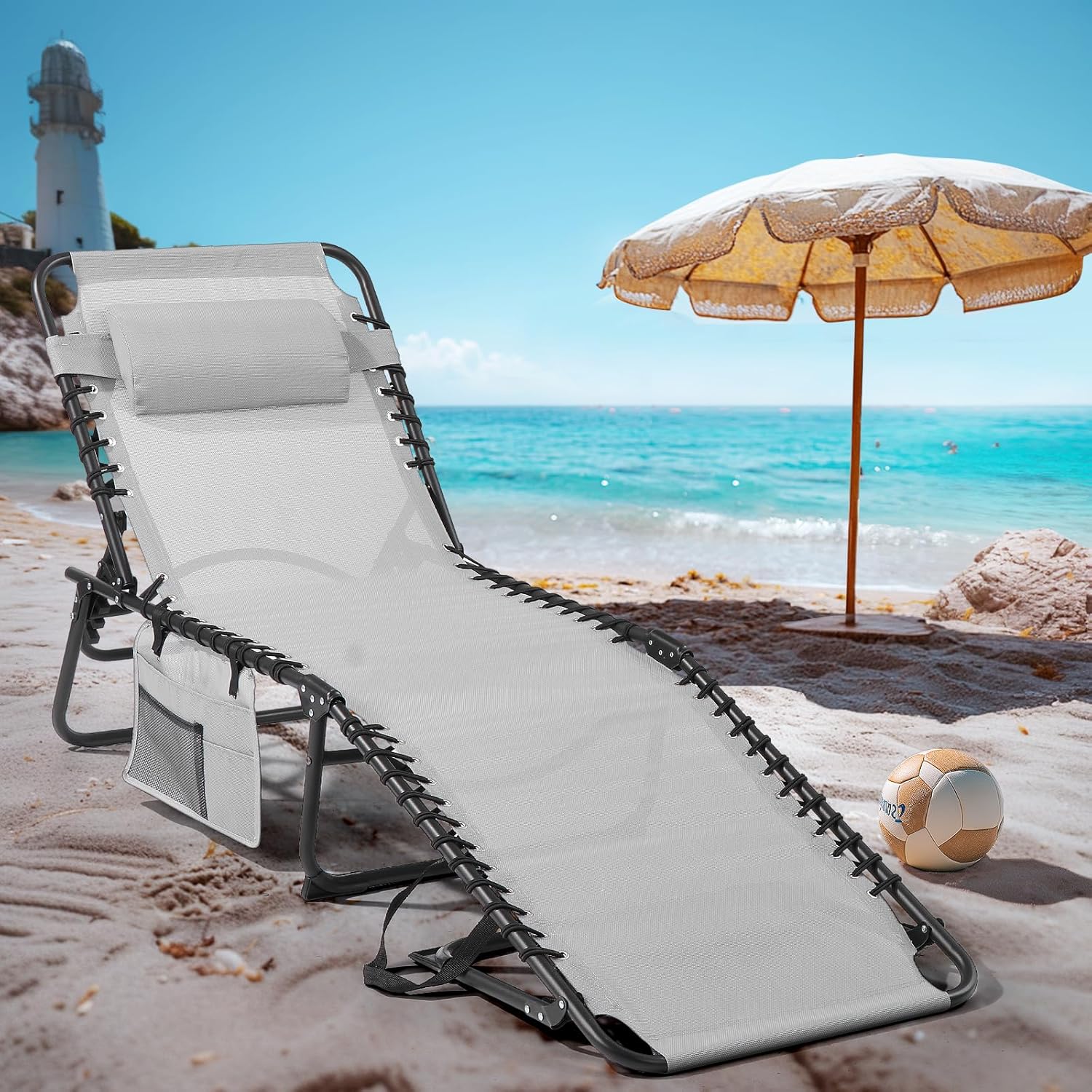 Unovivy Outdoor Chaise Lounge Chairs Set of 2, Portable Folding Pool Lounge Chair with 5-Position Reclining Back, Teslin Tanning Chair for Pool, Beach, Patio, Sunbathing