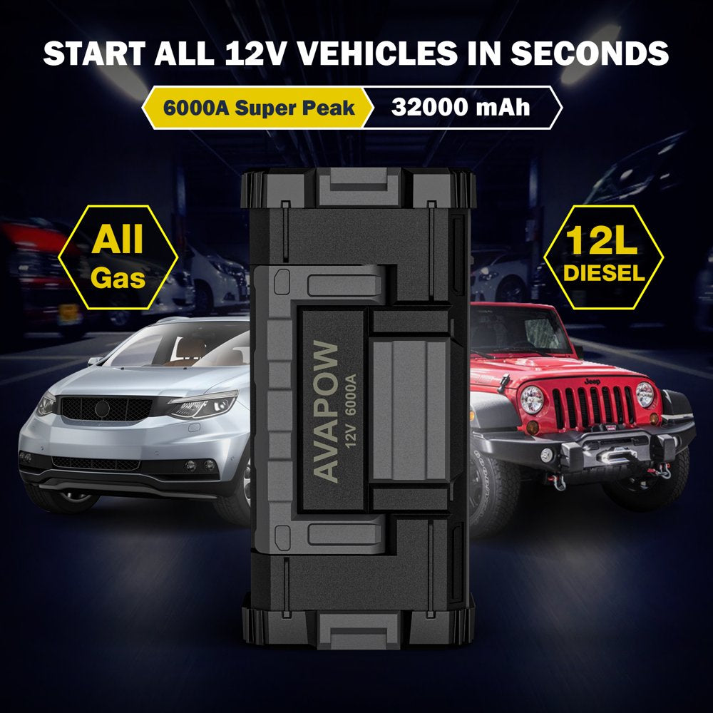 AVAPOW 6000A Car Battery Jump Starter, Dual USB Quick Charge, LED Light, 12V for Gas/Diesel Engines