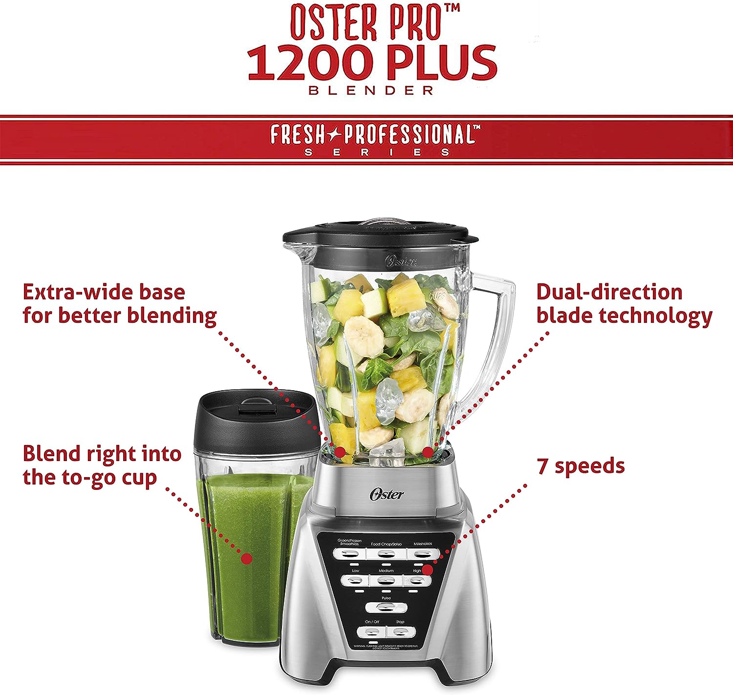 Oster Pro 1200 Blender with 6-Cup Glass Jar & 24-Ounce Smoothie Cup, Brushed Nickel, 1200W