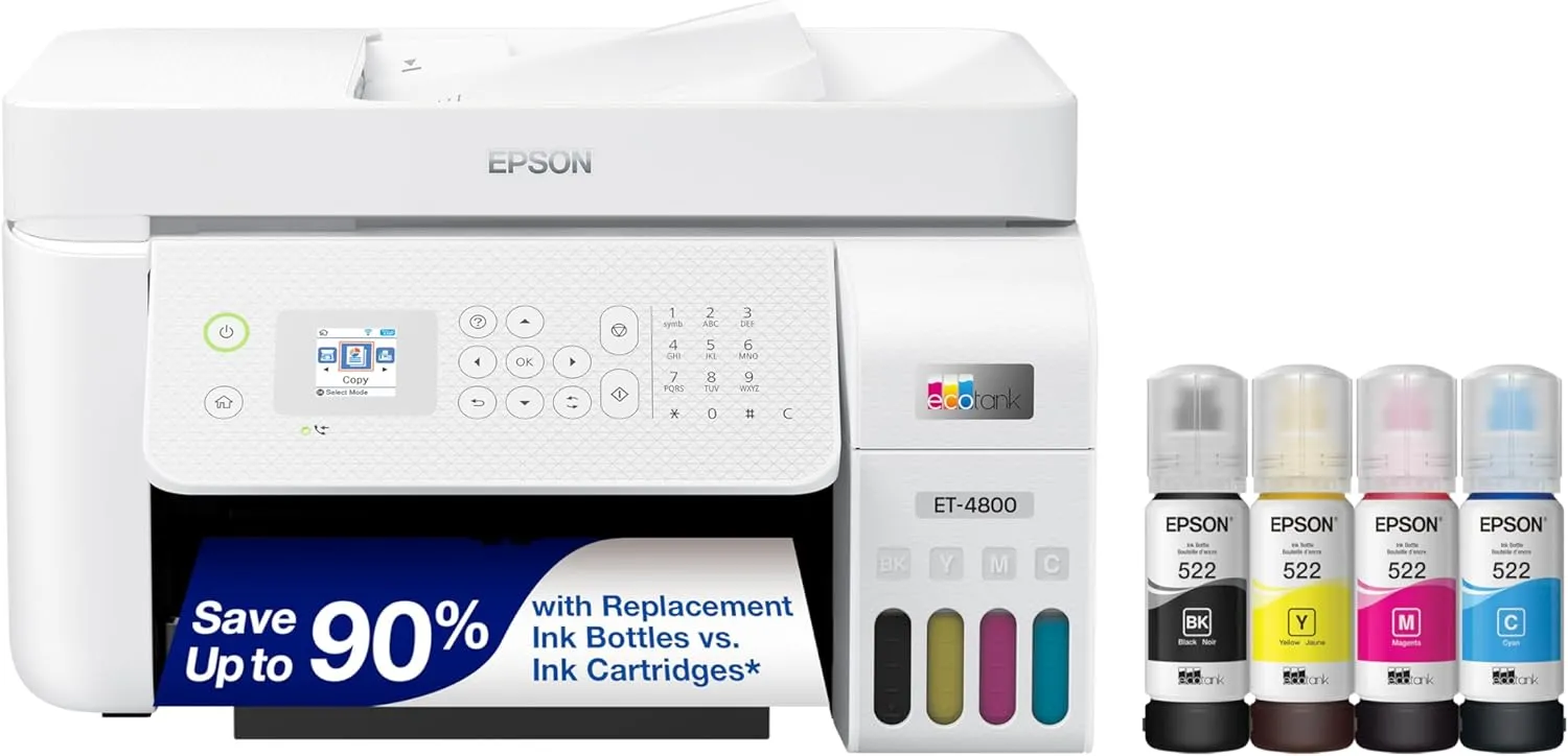 Epson EcoTank ET-4800 Wireless All-in-One Inkjet Printer, White – Cartridge-Free, Scanner, Copier, Fax, ADF, Ethernet, Home Office