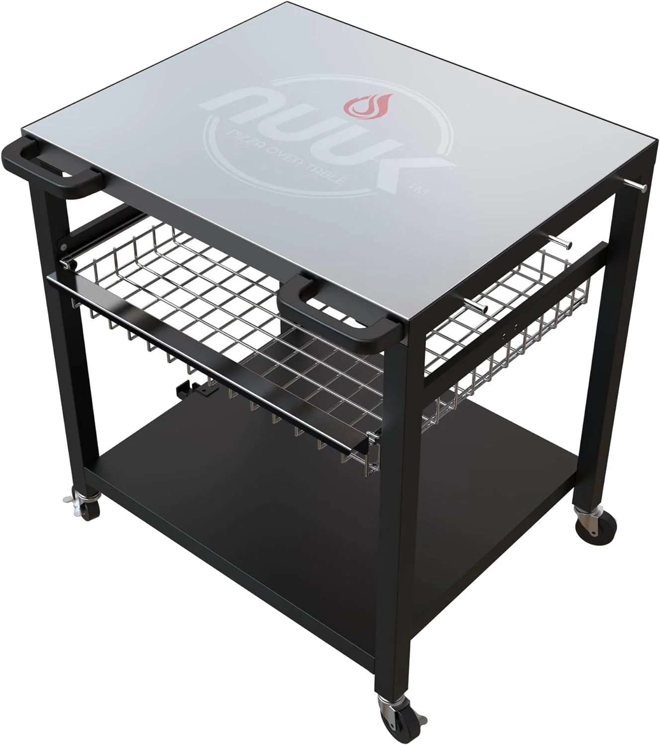 NUUK Outdoor Pizza Oven Table, Heavy Duty Rolling Prep Station with Three Shelves, 24′′x30′′, Stainless or Solid Steel