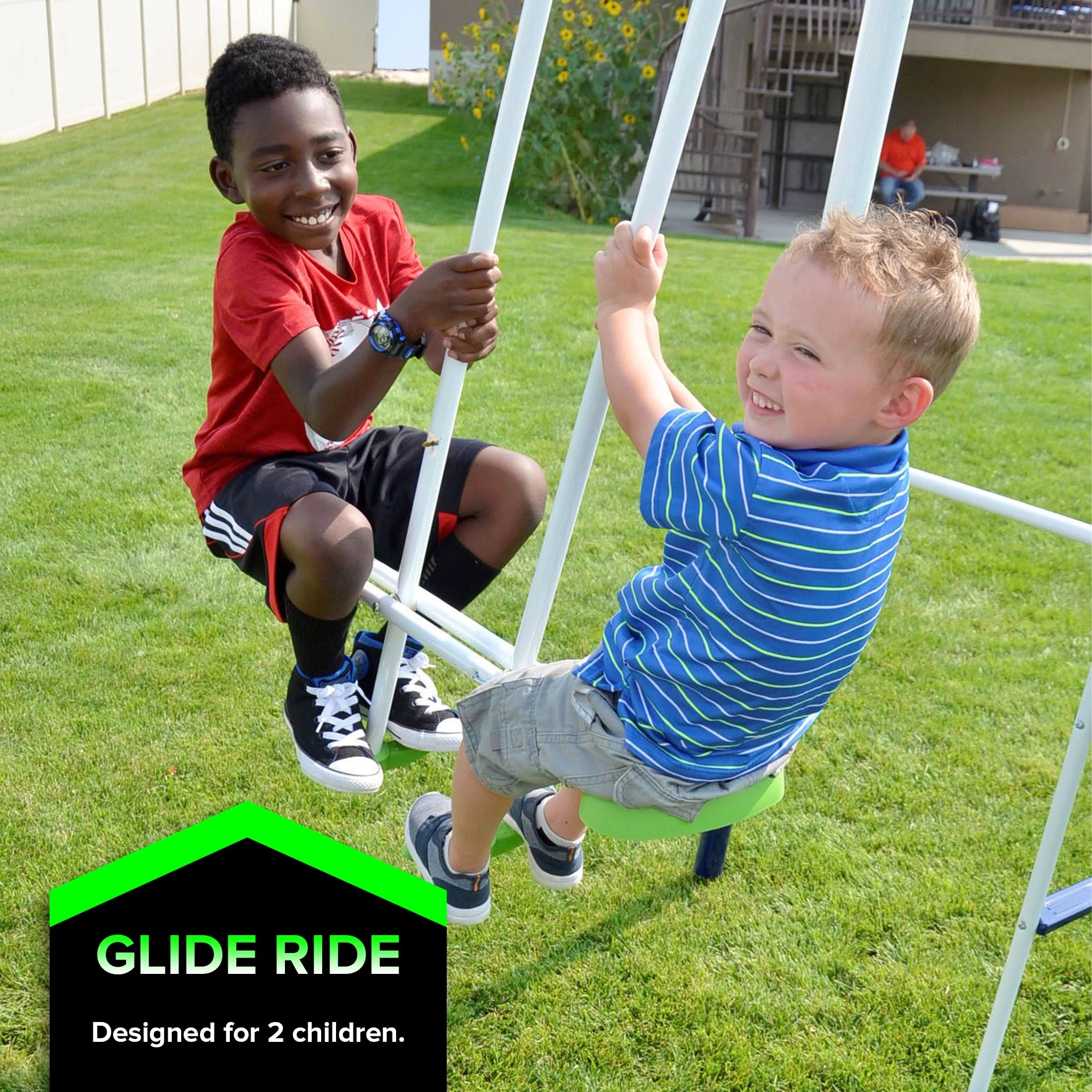 Sportspower Mountain View Metal Swing Set – Glide Ride, Saucer, Trampoline & Slide with Lifetime Warranty