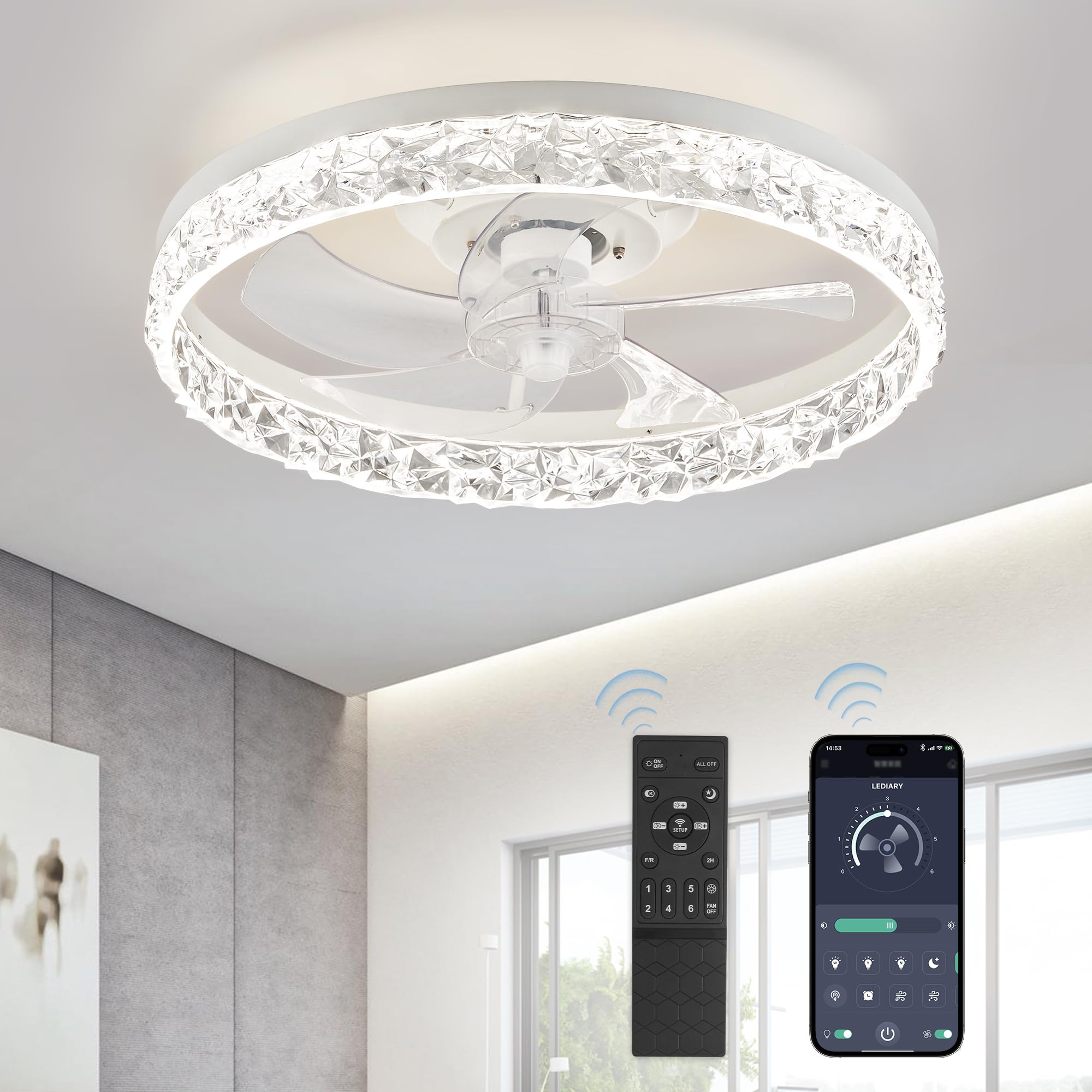 LEDIARY 20′′ Modern Ceiling Fan with LED Lights, Remote & App Control, Reversible Motor, White