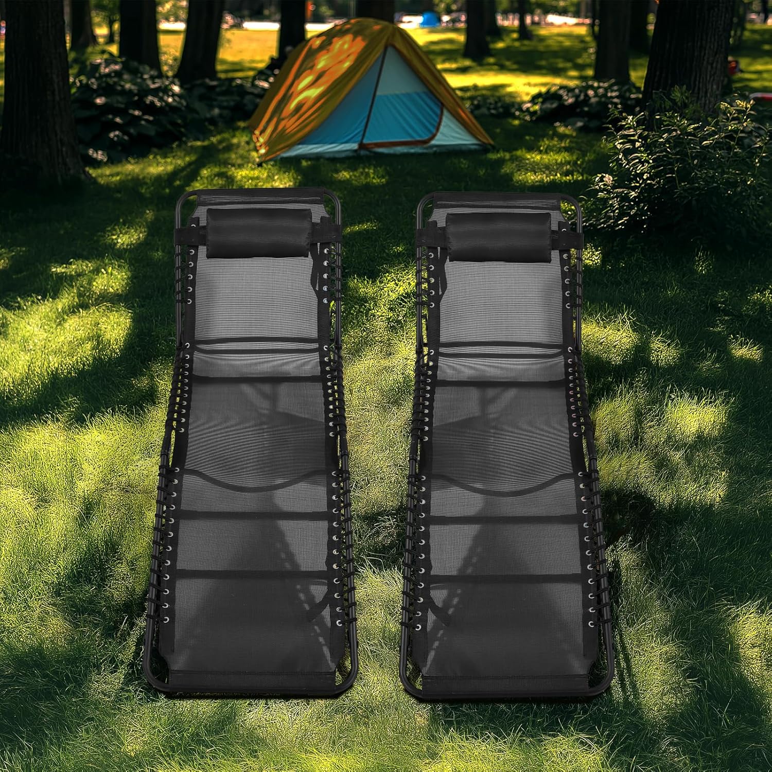 Unovivy Outdoor Chaise Lounge Chairs Set of 2, Portable Folding Pool Lounge Chair with 5-Position Reclining Back, Teslin Tanning Chair for Pool, Beach, Patio, Sunbathing