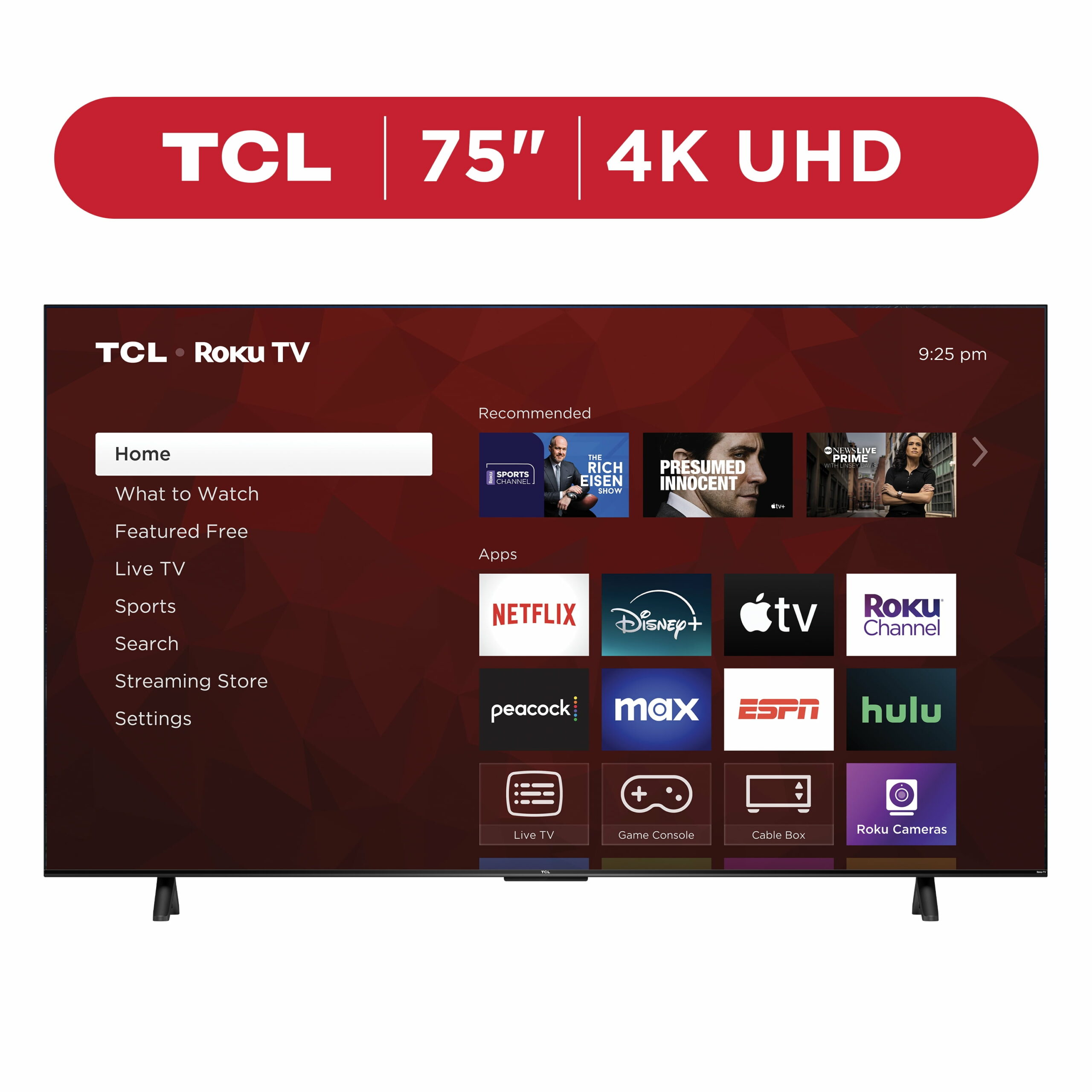TCL 75′′ 4-Series 4K UHD HDR Smart TV with Roku, Voice Control, AirPlay, & Customizable Home Screen