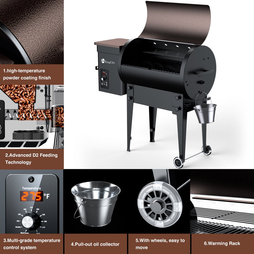 KingChii Pro Series 02 Wood Pellet Smoker & Grill, 456 sq. in, Digital Temp Control, 8-in-1 BBQ, Bronze