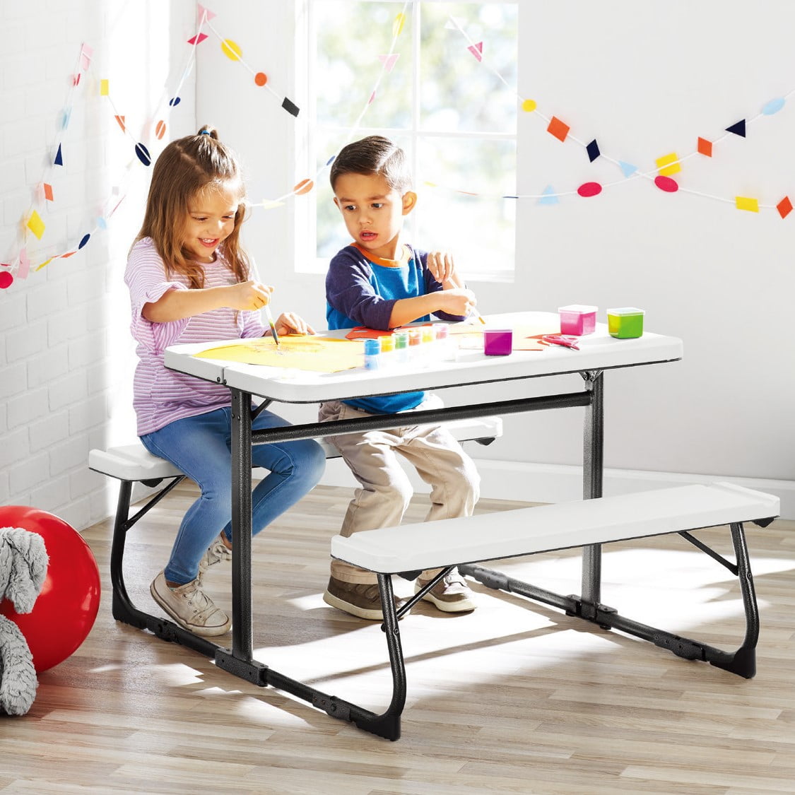 Your Zone Kid’s Folding Activity Table with Benches, White – Ages 3-8, Easy Storage & Durable