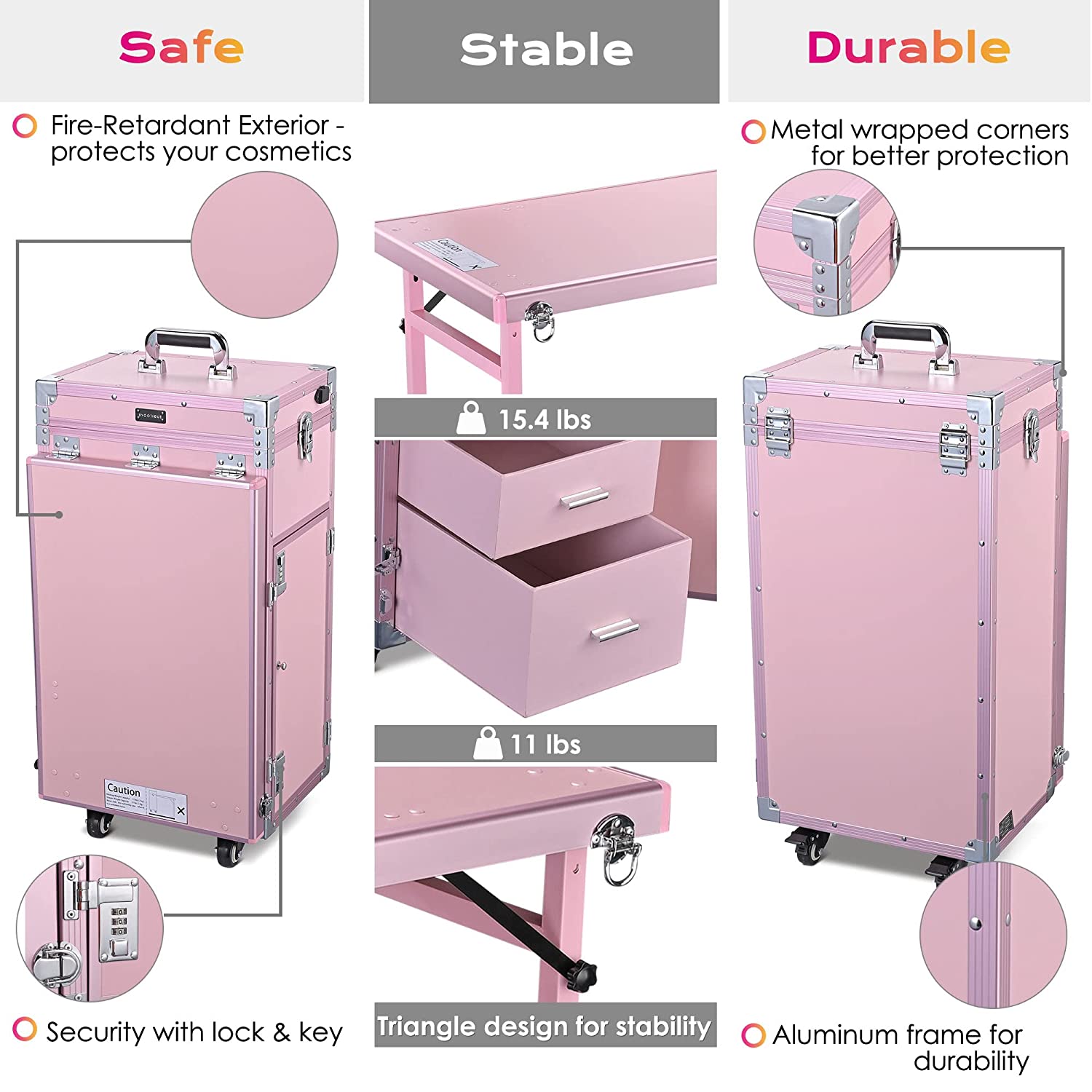 Byootique Portable Makeup Workstation with Mirror, 4 Drawers, Bluetooth, Pink Trolley Case