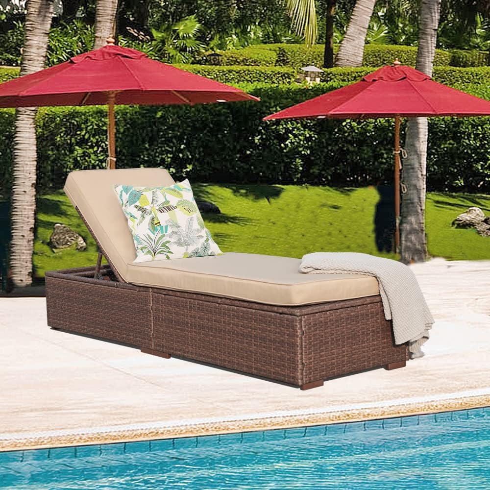 Patiorama Outdoor Patio Lounge Chair, Elegant Reclining Adjustable Pool Rattan Chaise Chair with Beige Cushion, Brown PE Wicker, Steel Frame, Set of 2