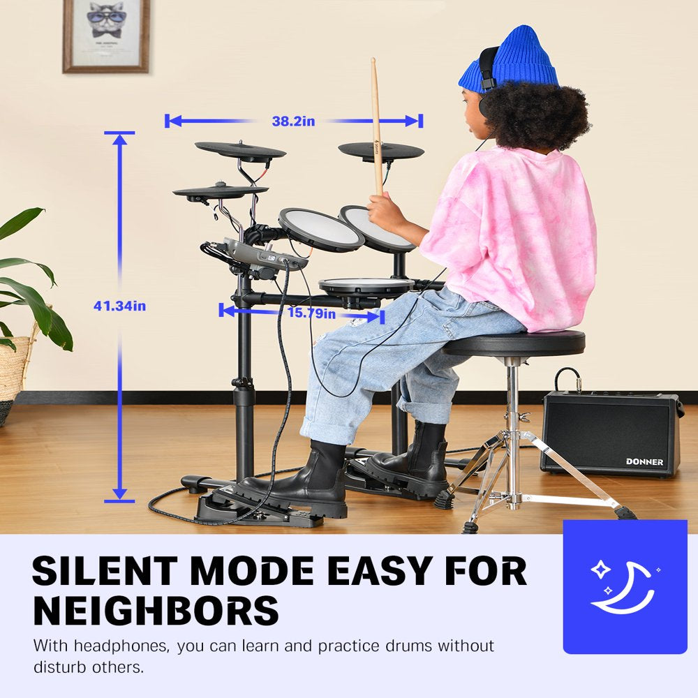 Donner DED-70 Kids Electric Drum Set, 68+ Sounds, Quiet Mesh Pads, Portable, Includes Sticks & Headphones