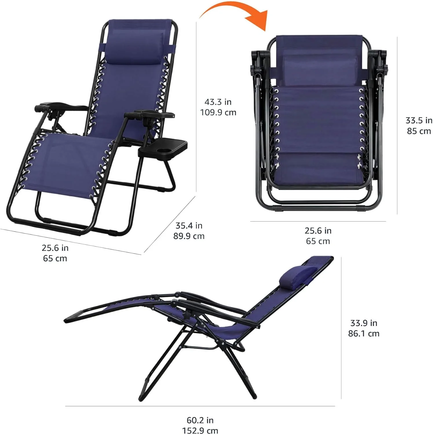 Amazon Basics Outdoor Patio Mesh Adjustable Zero Gravity Lounge Chair Recliners set of 2 with Side Table, 35 x 26 x 43 inches, Beige