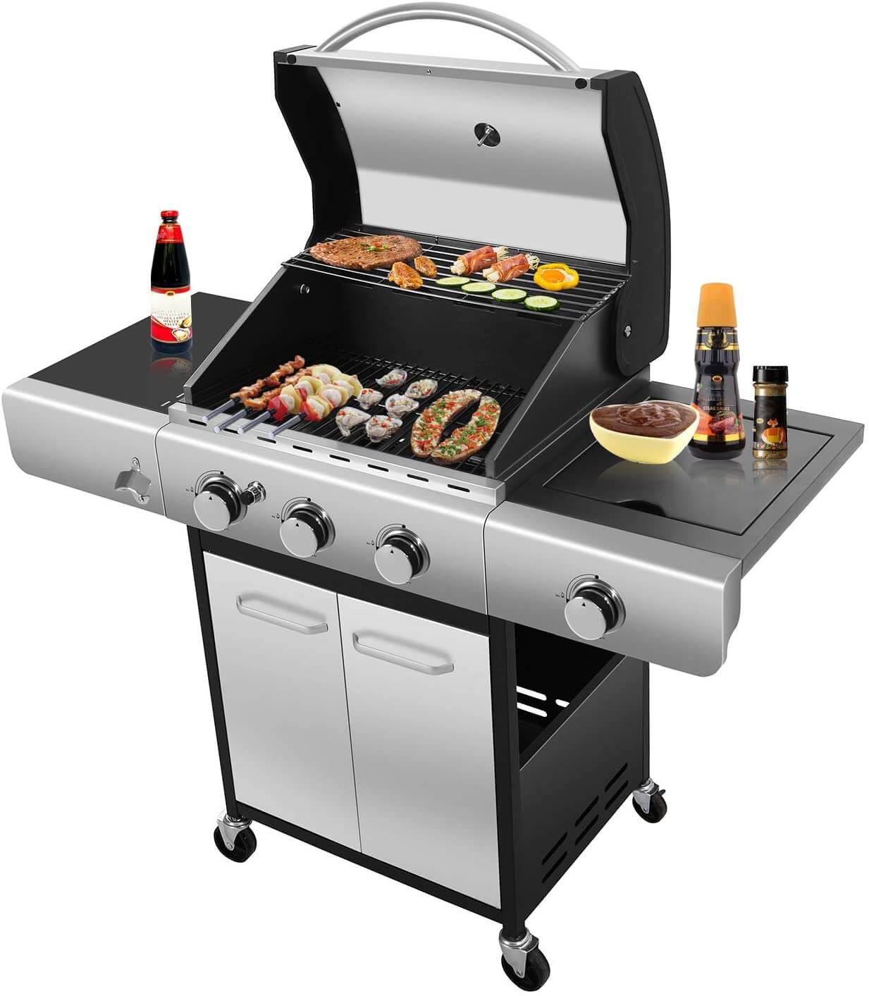 R.W.FLAME Stainless Steel Liquid Propane Grill, 3/4 Burners, 34000/42000 BTU, Double Shelf, Mobile with Wheels