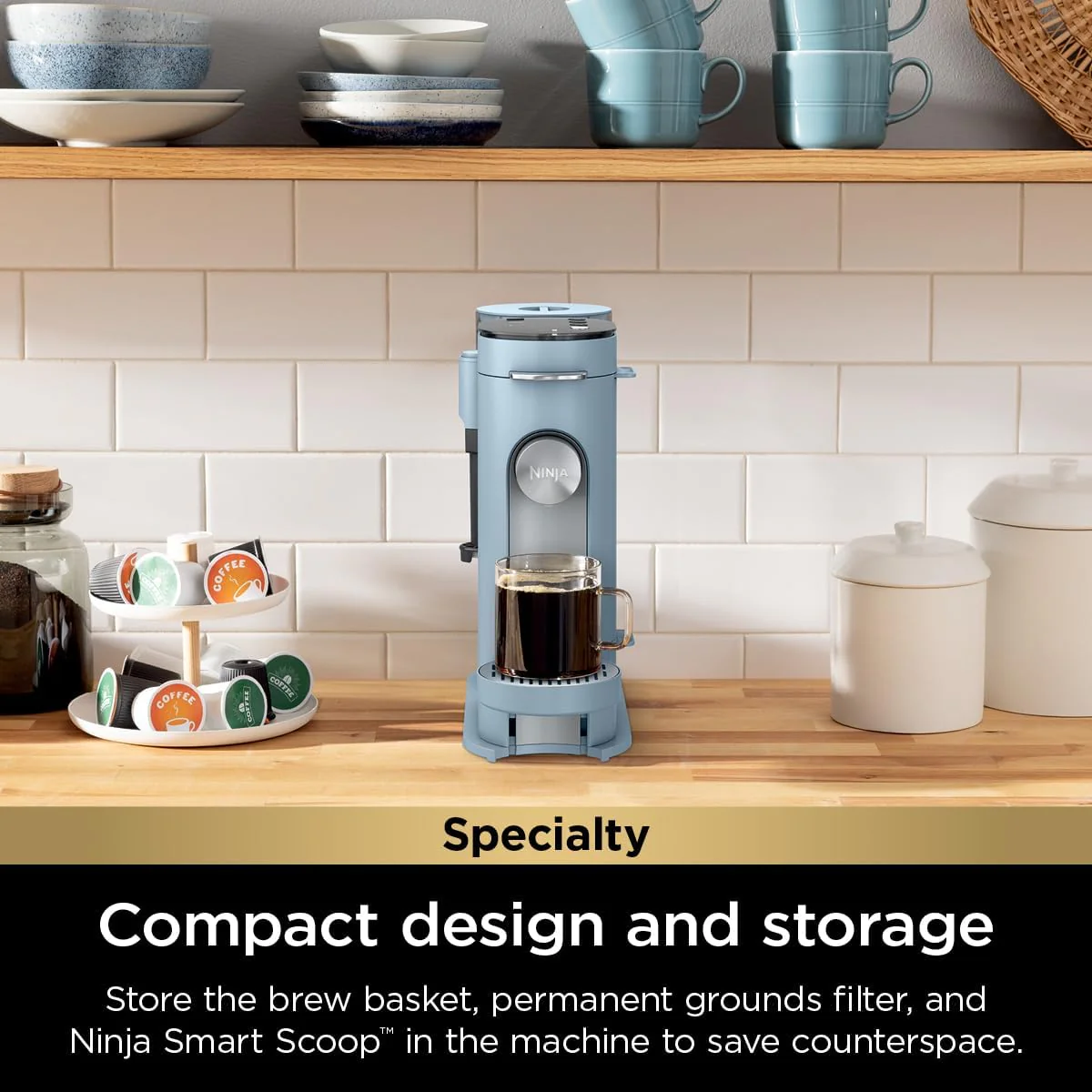 Ninja Pods & Grounds Single-Serve Coffee Maker, K-Cup Pod Compatible, Brews Grounds, Compact Design, 56-oz. Reservoir, 6-oz. Cup to 24-oz. Travel Mug Brew Sizes, Iced Coffee Maker, Stone, PB041ST