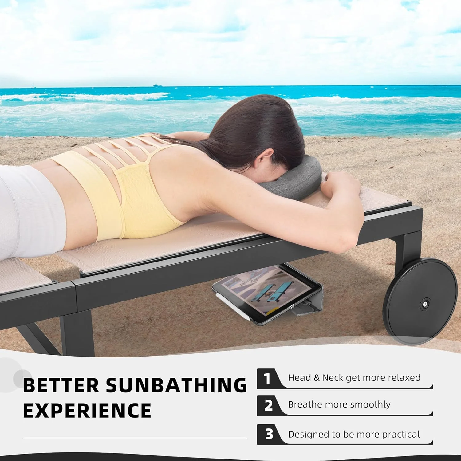 PURPLE LEAF Patio Tanning Lounge Chair Set with Face Down Hole Outdoor Aluminum Adjustable Reclining Chairs Wheels Pillows and Table for Poolside Beach Sunbathing Lounger, Beige