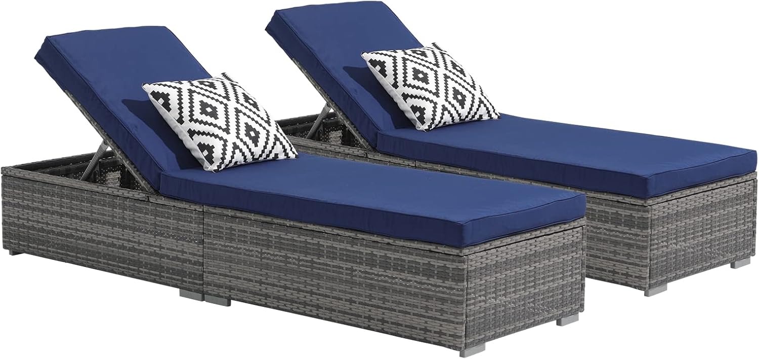 Patiorama Outdoor Patio Lounge Chair, Elegant Reclining Adjustable Pool Rattan Chaise Chair with Beige Cushion, Brown PE Wicker, Steel Frame, Set of 2