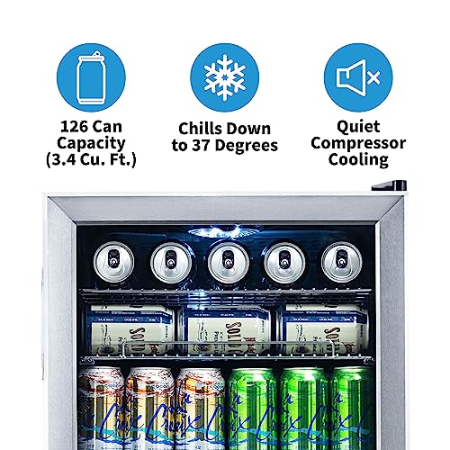 NewAir AB-1200 Mini Fridge, 126-Can Capacity, Reversible Glass Door, Adjustable Shelves, Stainless Steel Frame