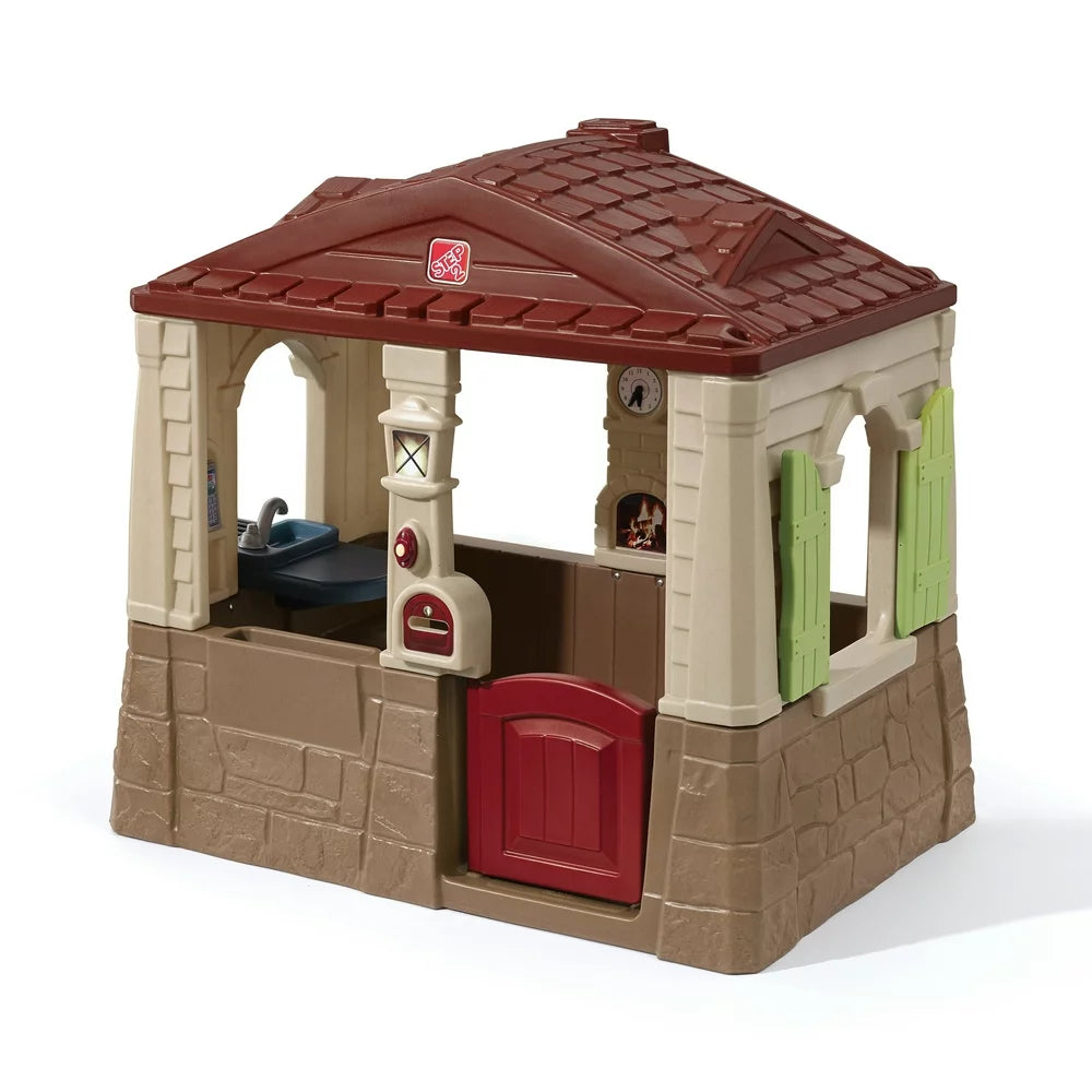 Step2 Neat & Tidy Cottage II Brown Playhouse for Kids – Outdoor Plastic Toy with Dutch Door & Kitchen Setup