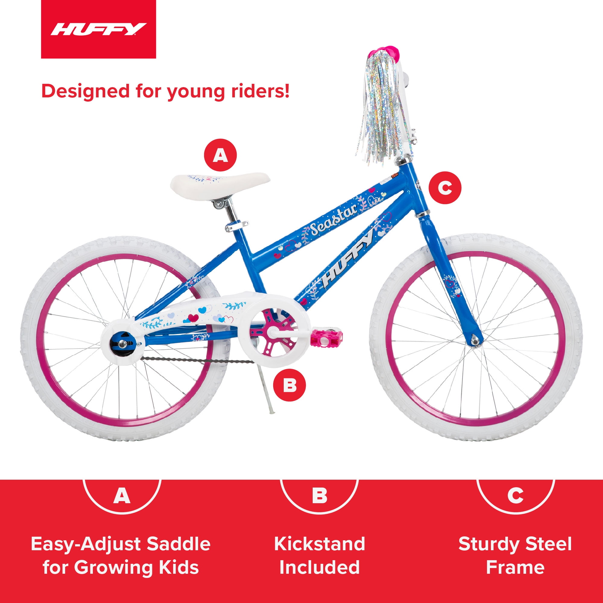 Huffy Sea Star Kids Bike, 20′′ Wheels, Ages 5-12, Blue/Pink, Steel Frame, Coaster Brake, Streamers