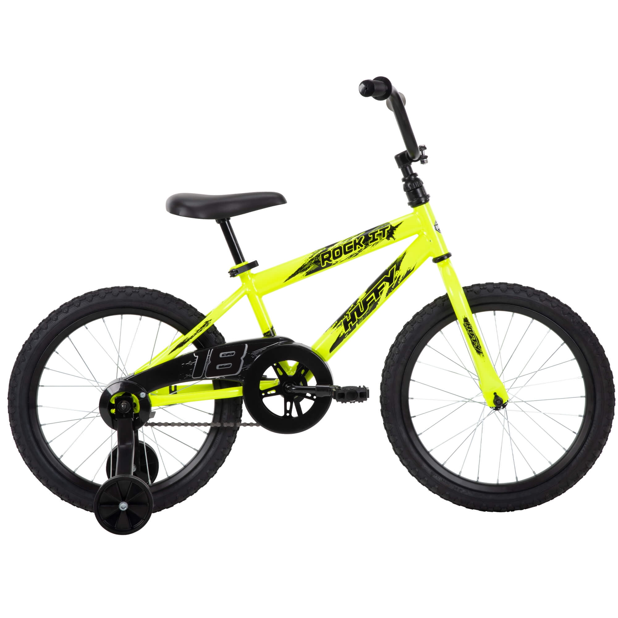 Huffy Rock It 18′′ Kids Bicycle, Neon Yellow, Single-Speed, Training Wheels, Ages 5+, Steel Frame