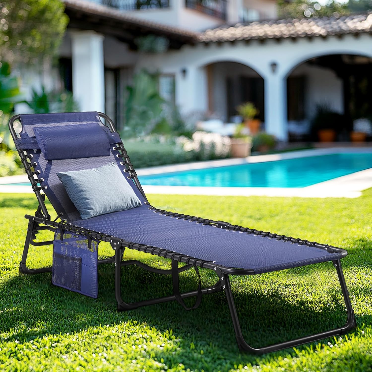 Unovivy Outdoor Chaise Lounge Chairs Set of 2, Portable Folding Pool Lounge Chair with 5-Position Reclining Back, Teslin Tanning Chair for Pool, Beach, Patio, Sunbathing