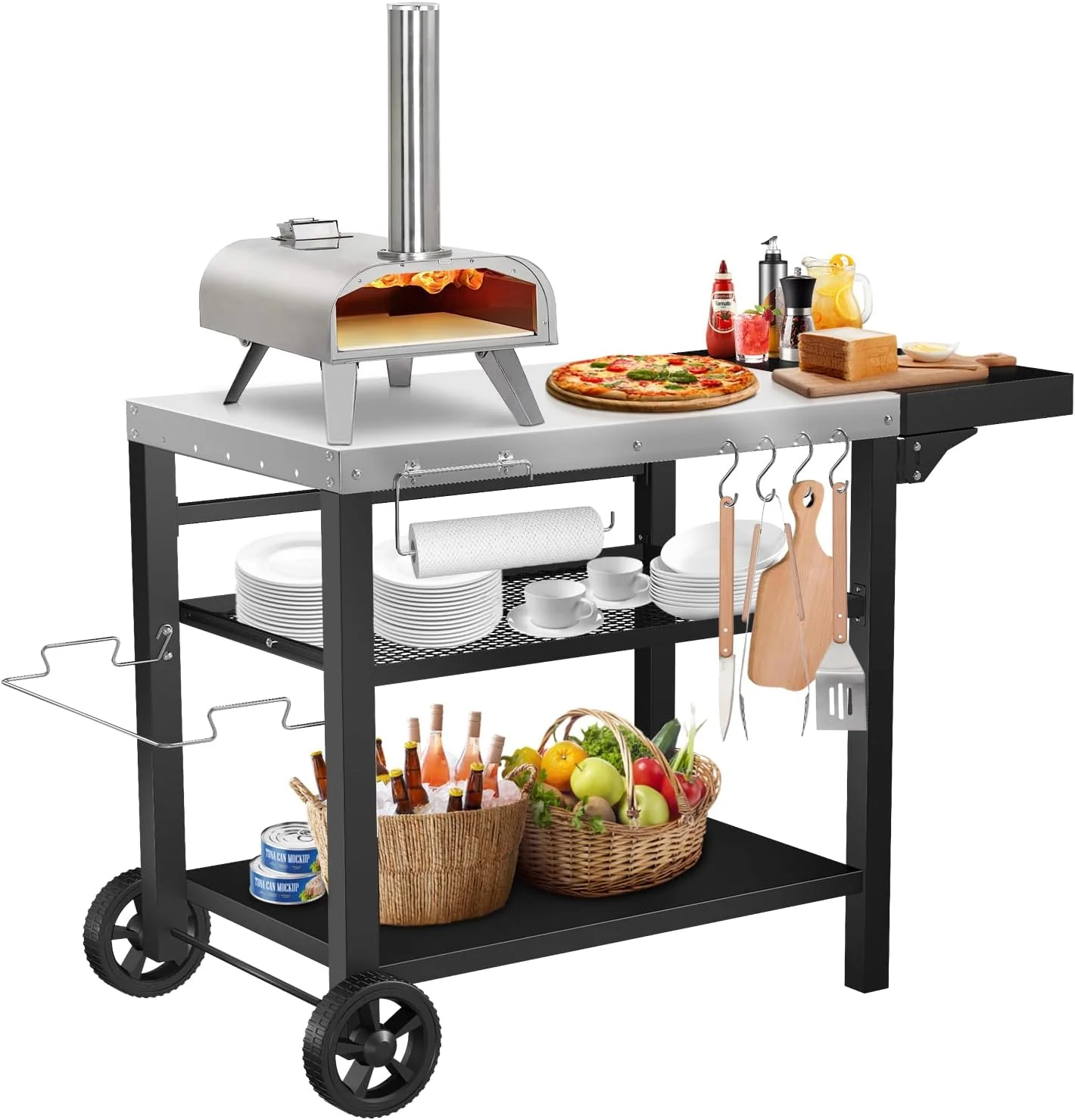 Stainless Steel Outdoor Grill Cart with Three Shelves, Drawer & Foldable Side Table