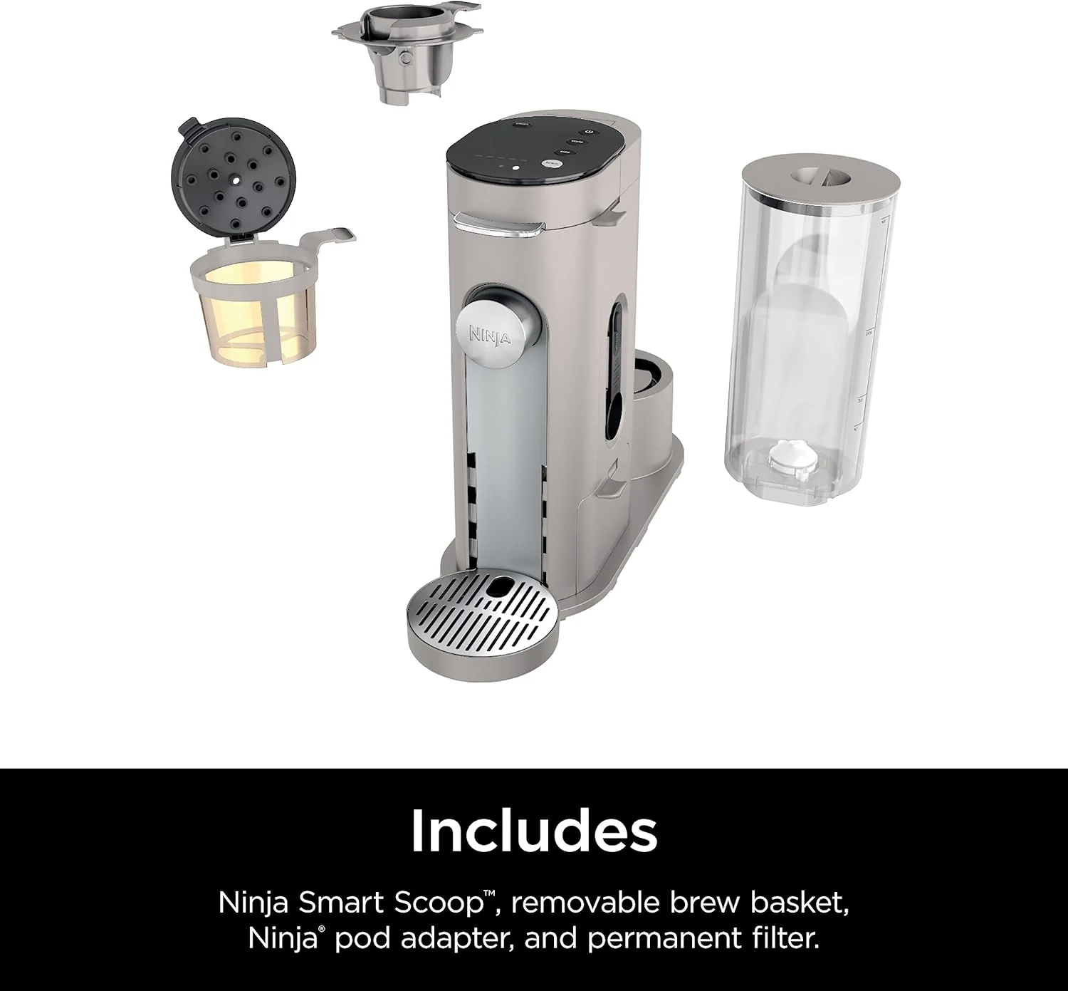 Ninja Pods & Grounds Single-Serve Coffee Maker, K-Cup Pod Compatible, Brews Grounds, Compact Design, 56-oz. Reservoir, 6-oz. Cup to 24-oz. Travel Mug Brew Sizes, Iced Coffee Maker, Stone, PB041ST