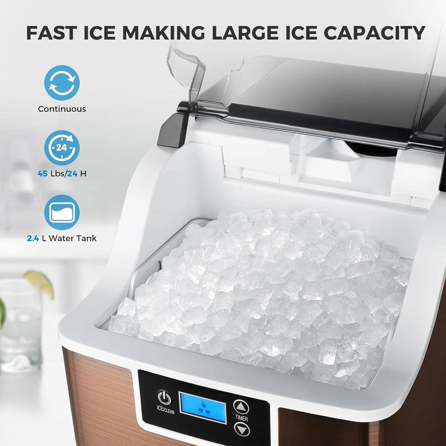 Kismile Nugget Ice Maker, 45lbs/Day, Self-Cleaning, Countertop with 24-Hour Timer, Includes Ice Scoop