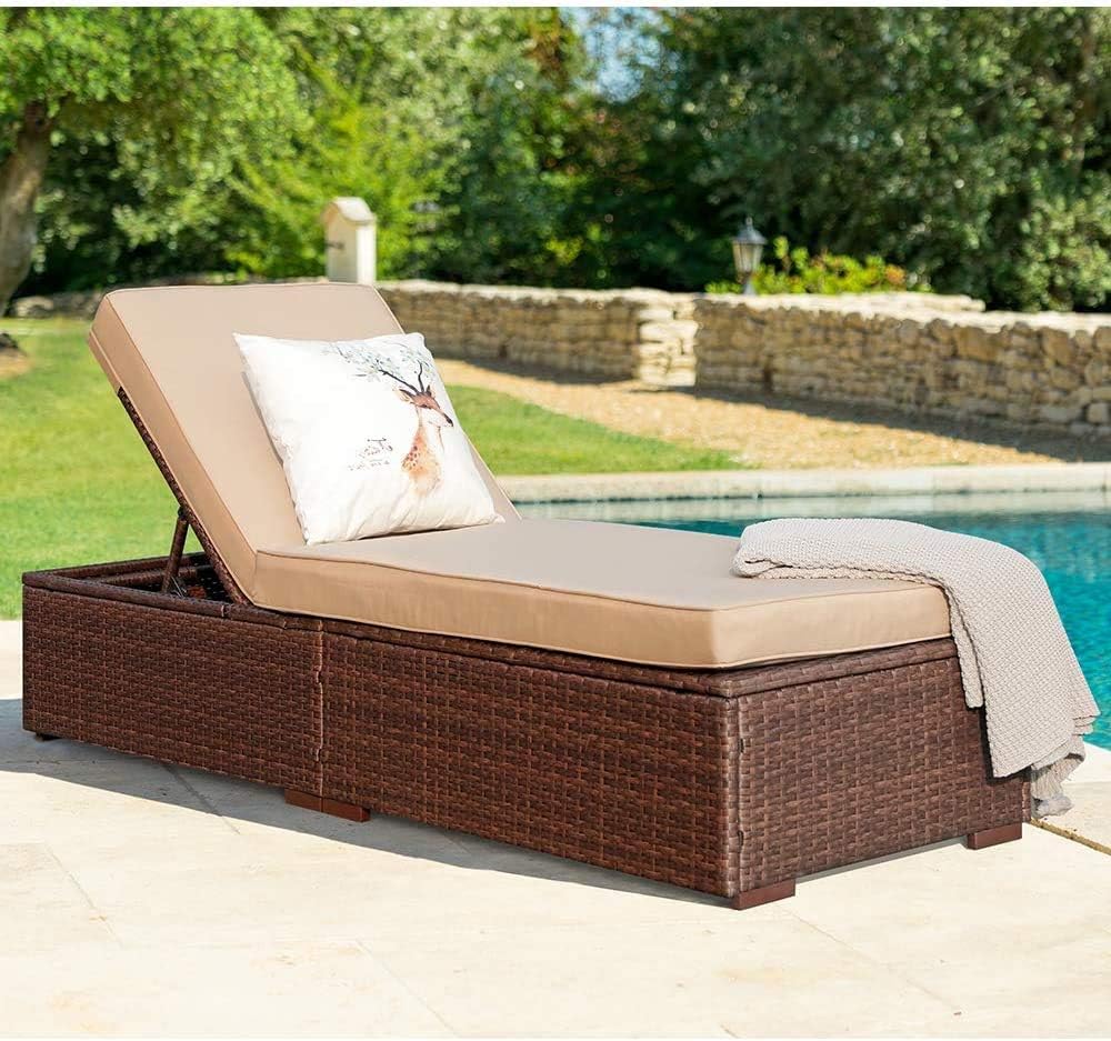 Patiorama Outdoor Patio Lounge Chair, Elegant Reclining Adjustable Pool Rattan Chaise Chair with Beige Cushion, Brown PE Wicker, Steel Frame, Set of 2