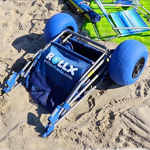 RollX Foldable Beach Cart with 12′′ Balloon Wheels, Mesh Storage & Umbrella Holder – Blue